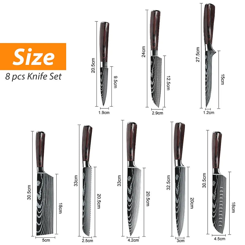 8 Pcs High Carbon Steel Chef Knife Set Pakkawood Handle with Sheaths