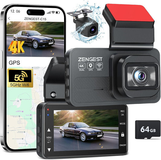 Dash Cam Front and Rear, 4K+1080P FHD Dual Dash Cam with ADAS, GPS, 5G WiFi & App Control, 64GB Card Included, G-Sensor, Night Vision, Loop Recording, 170°Wide Angle, WDR, 24H Parking Mode
