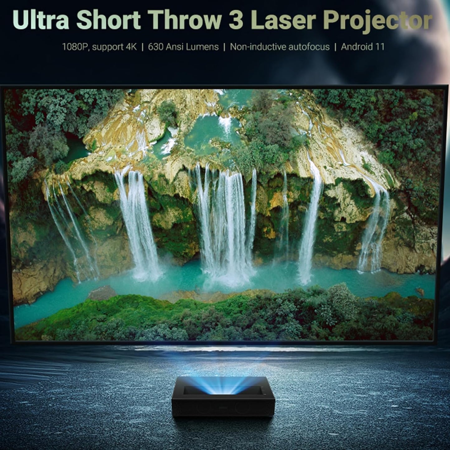Laser Projector, Ultra Short Throw Laser Projector with WiFi and Bluetooth 1080P Full HD Support 4k, Mini Laser Projector Keystone Correction Wall Movie Portable Projector for Bedroom Outdoor