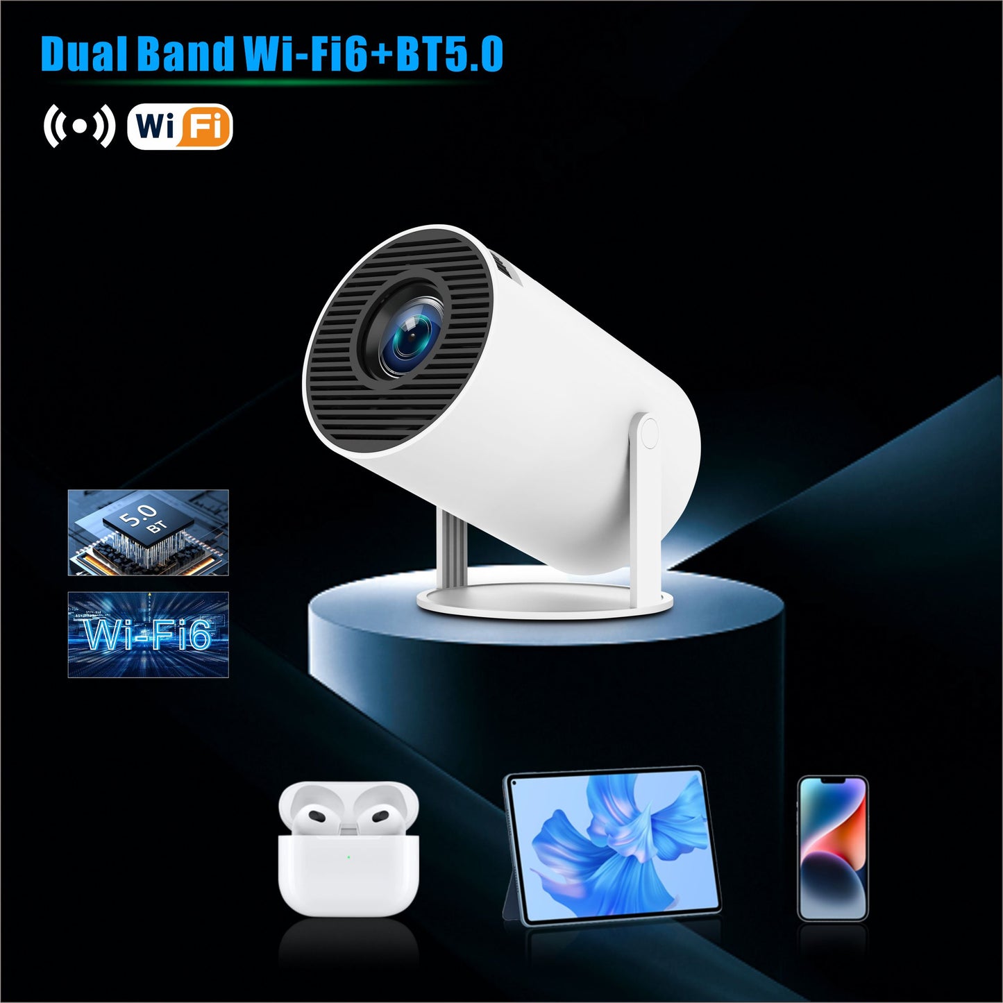 Mini Projector, Projector with WiFi and Bluetooth Portable Full HD Support, Auto Keystone Correction Wall Movie Rotatable Projector for Bedroom Outdoor Phone/HDMI/USB/Laptop