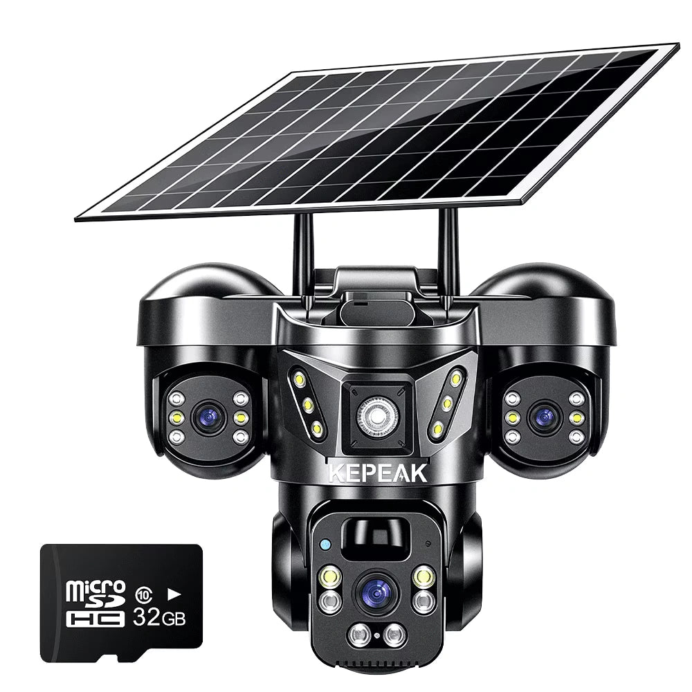 Kepeak Solar Outdoor Wireless Security Camera,Triple 3MP Lens PTZ, Night Vision, PIR,Two-Way Audio,32GB SD Card Included