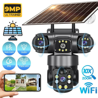 Kepeak Solar Security Camera Outdoor Wireless with 3-Lens 9MP, 355° Pan 90° Tilt WiFi Camera, PIR Motion Detection, 2-Way Audio, Color Night Vision, IP66 Waterproof for Home Yard Surveillance