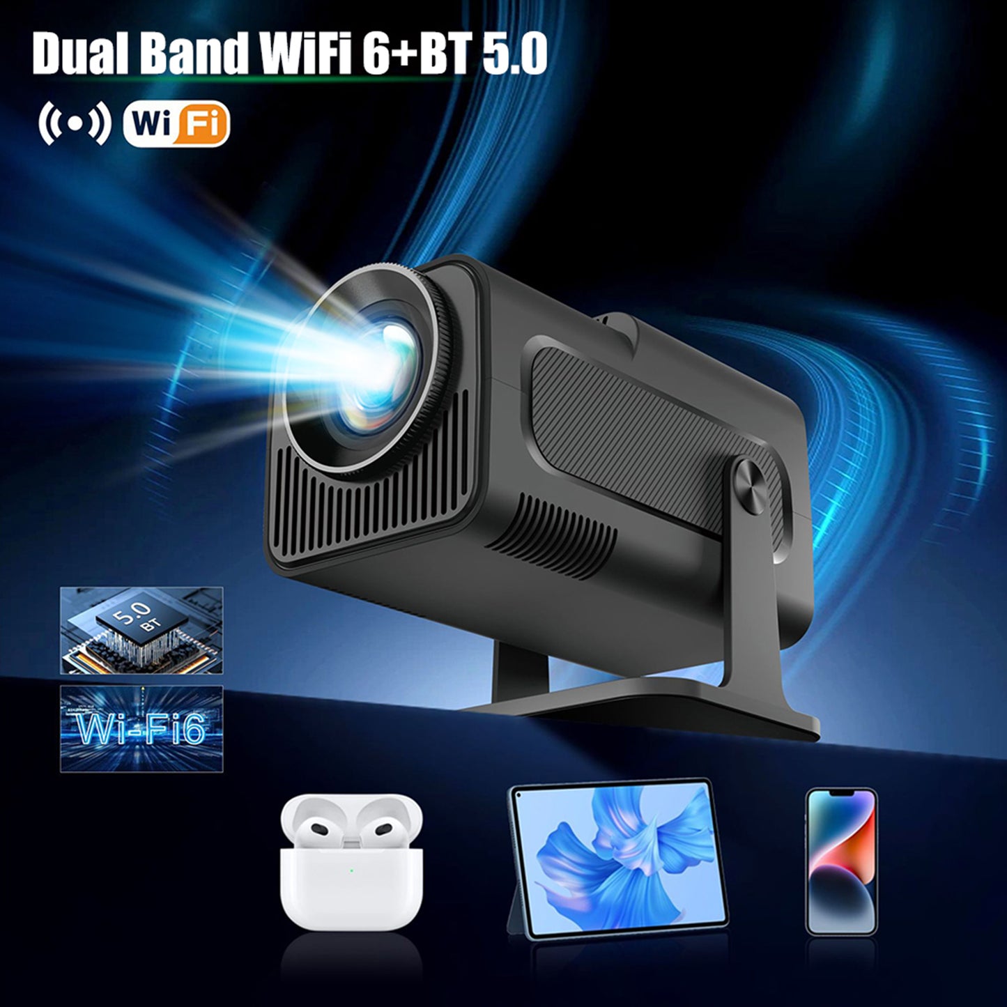 Projector with WiFi and Bluetooth, Mini Projector Portable 4K 1080P Full HD Support, Auto Keystone Correction Rotatable Wall Movie Projector for Bedroom Outdoor Phone HDMI USB Laptop