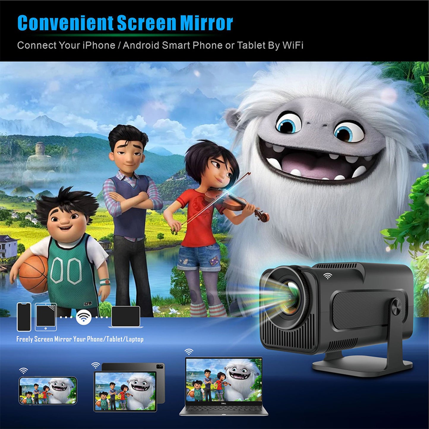 Projector with WiFi and Bluetooth, Mini Projector Portable 4K 1080P Full HD Support, Auto Keystone Correction Rotatable Wall Movie Projector for Bedroom Outdoor Phone HDMI USB Laptop