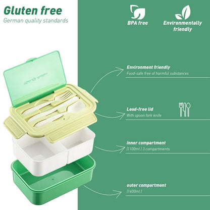 Bento Box,Lunch Box Kit,1400ML Lunch Container for Kids/Adult/Toddler,3 Compartments with Spoon Fork Bag Accessories,Microwave/Dishwasher/Freezer Safe, Bpa-Free(Green)