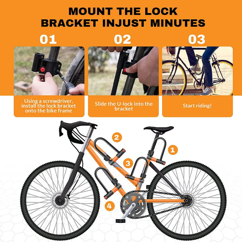 Heavy Duty Bike U Lock 16mm Anti Theft Steel Cable Bracket