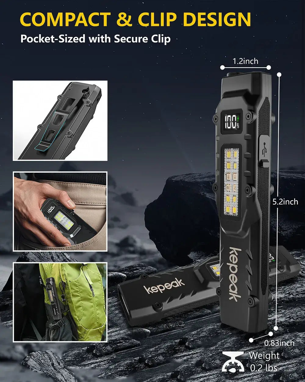 KEPEAK EDC Flashlight, Small Pocket Flat Flashlight, LED Flashlight Rechargeable USB C, Bright Flash Lights with Clip for Camping, Emergency, Night Working
