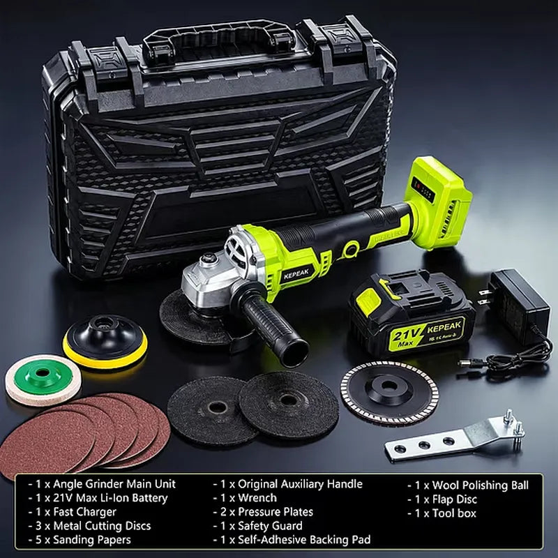Kepeak Cordless Angle Grinder 21V Brushless 8000RPM Cutting Polish Kit