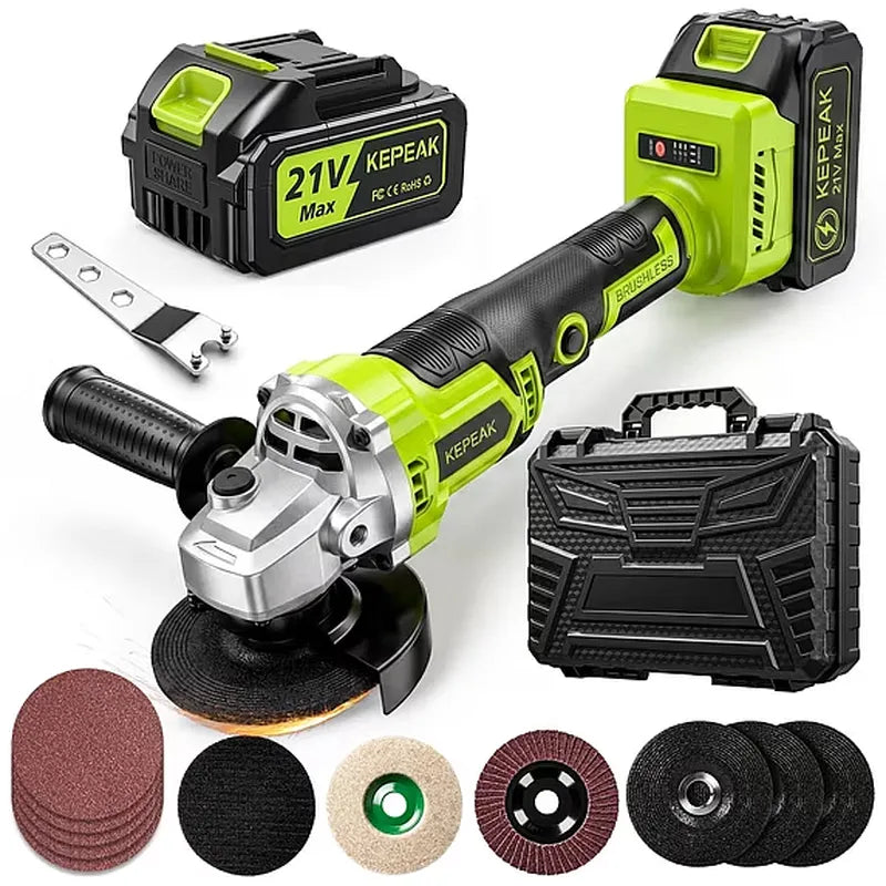 Kepeak Cordless Angle Grinder 21V Brushless 8000RPM Cutting Polish Kit