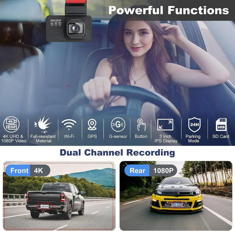 Dash Cam Front and Rear, 4K+1080P FHD Dual Dash Cam with ADAS, GPS, 5G WiFi & App Control, 64GB Card Included, G-Sensor, Night Vision, Loop Recording, 170°Wide Angle, WDR, 24H Parking Mode