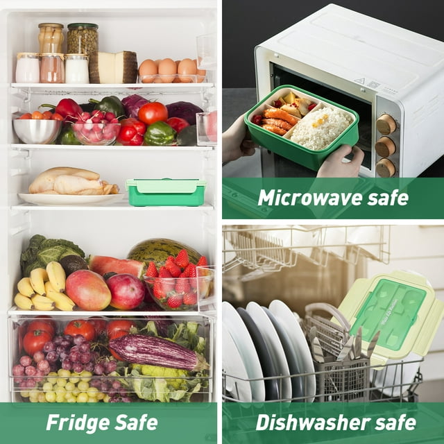 Bento Box,Lunch Box Kit,1400ML Lunch Container for Kids/Adult/Toddler,3 Compartments with Spoon Fork Bag Accessories,Microwave/Dishwasher/Freezer Safe, Bpa-Free(Green)