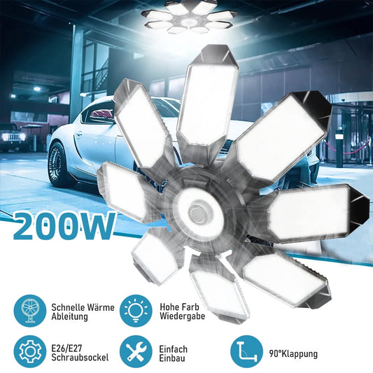 200W LED Garage Lights,20000LM 6500K LED Garage Ceiling Lights with 8+1 Deformable Adjustable Panels,Super Bright LED Lights for Garage E26/E27,1PACK