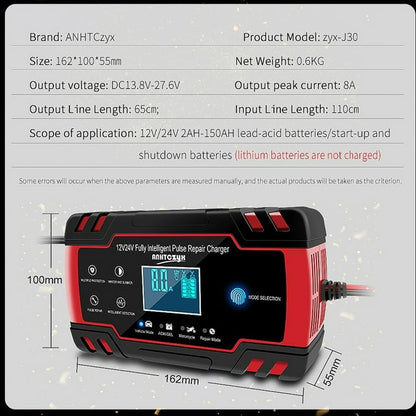 AC DC 12V/8A 24V/4A Automatic Car Battery Charger, Trickle Battery Charger, Power Battery Maintainer for Car, Automotive, Vehicle, Motorcycle