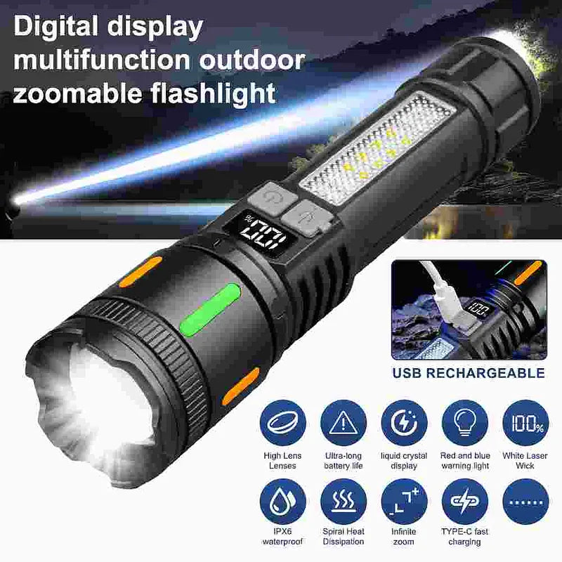 A77 Fluorescent White Laser Flashlight Digital Display Zoomable Camping Light