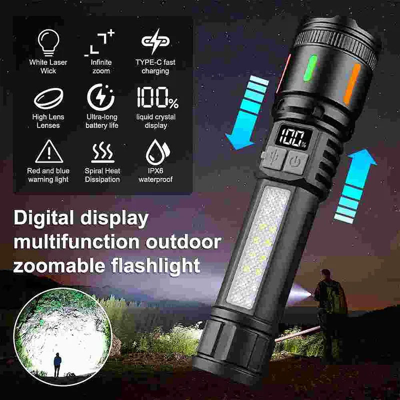 A77 Fluorescent White Laser Flashlight Digital Display Zoomable Camping Light