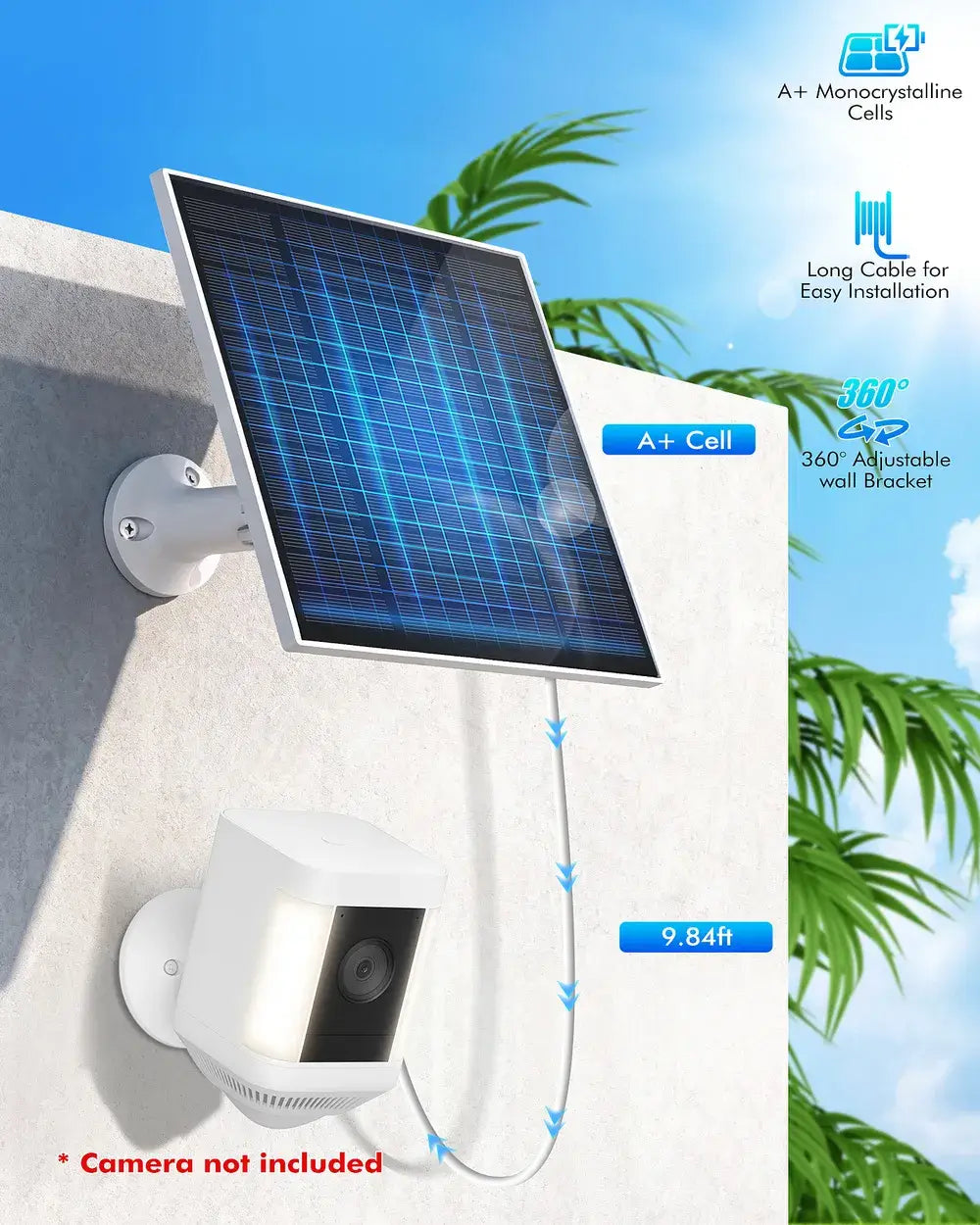 KEPEAK Solar Panel for Ring Camera Outdoor, Small Solar Panel Charger with USB-C to Ring Barrel Plug Adapter, Compatible with Rings Spotlight & Stick Up Cam Battery