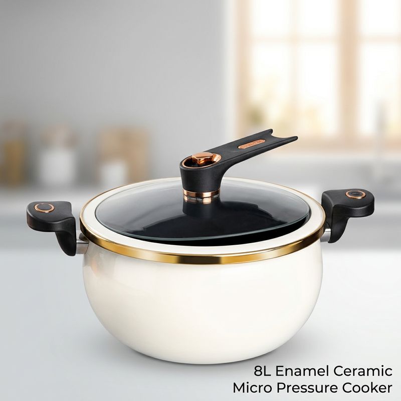 Enamel Ceramic Micro Pressure Cooker 8L Multi-functional Non-stick Micro Pressure Stew Pot (White/Black, US Standard)
