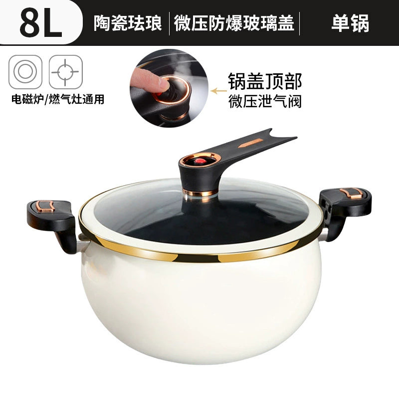 Enamel Ceramic Micro Pressure Cooker 8L Multi-functional Non-stick Micro Pressure Stew Pot (White/Black, US Standard)