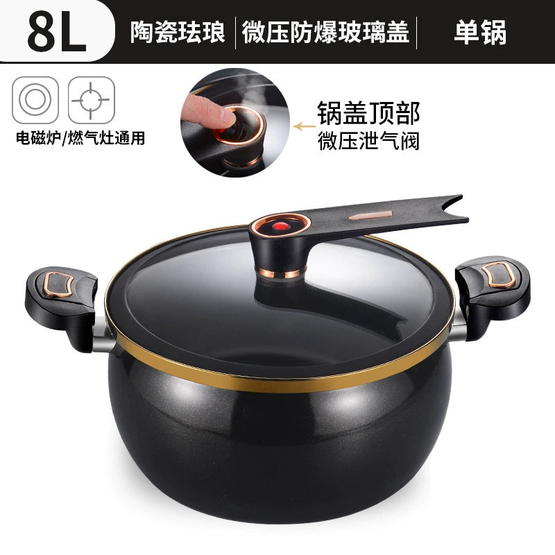 Enamel Ceramic Micro Pressure Cooker 8L Multi-functional Non-stick Micro Pressure Stew Pot (White/Black, US Standard)