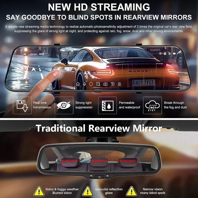 10" Mirror Dash Cam 1080P FHD Front Rear G-Sensor Touch Screen