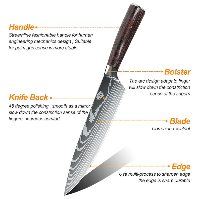 8 Pcs High Carbon Steel Chef Knife Set Pakkawood Handle with Sheaths