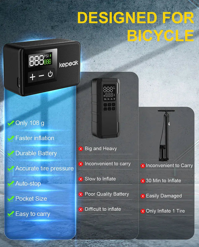 KEPEAK Mini Bike Pump, Bicycle Pump with Digital Pressure Gauge, Portable Bike Air Pump Tire Inflator with Presta and Schrader Valve for Road, Mountain, City, E-Bike and Ball