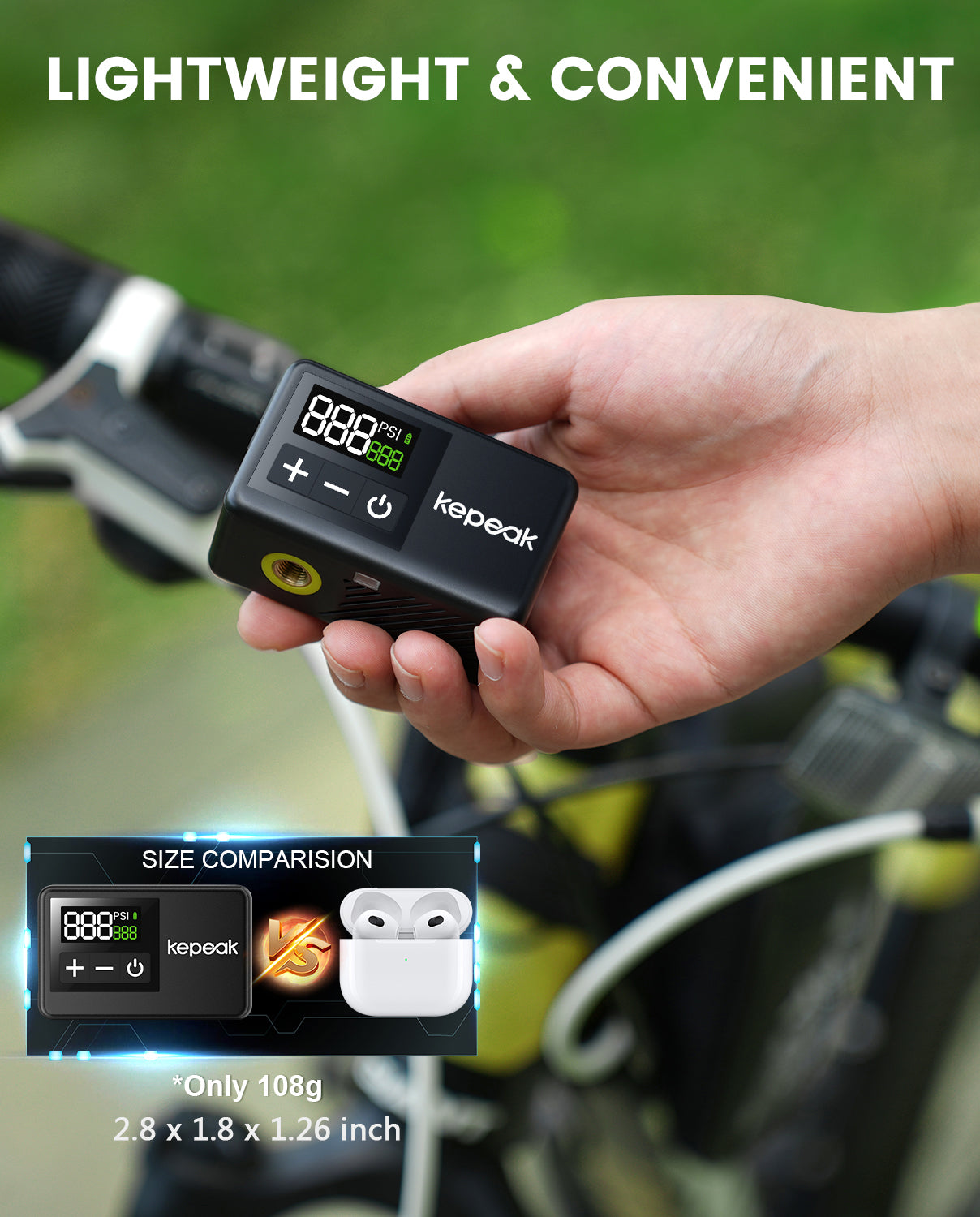 KEPEAK Mini Bike Pump, Bicycle Pump with Digital Pressure Gauge, Portable Bike Air Pump Tire Inflator with Presta and Schrader Valve for Road, Mountain, City, E-Bike and Ball