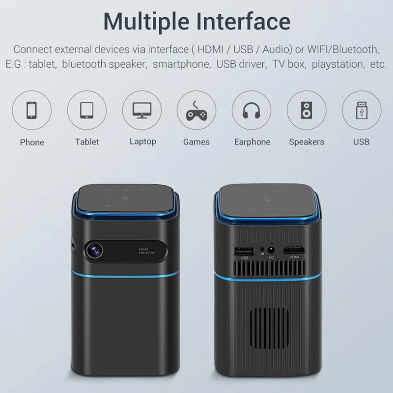 Mini Projector, Portable Projector with WiFi and Bluetooth Supported 4K Resolution with Battery, Auto Keystone Correction Rotatable Wall Movie Projector for Bedroom Outdoor Phone HDMI USB Laptop