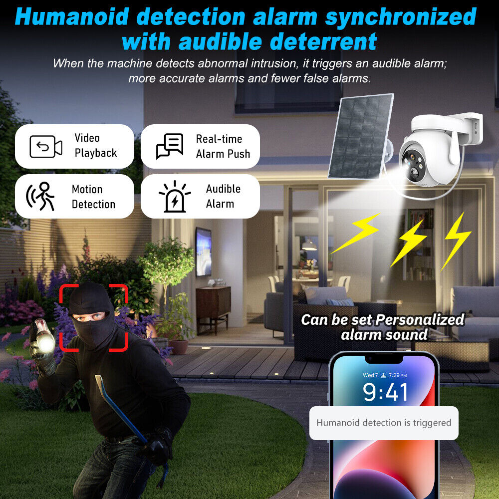 Powerful 1080P HD Wifi Solar Security Camera Full Color Night Vision IP66, ICSee