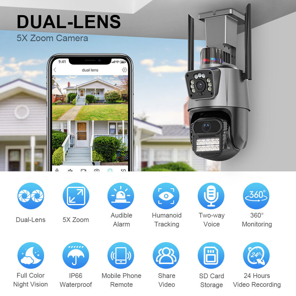 Dual Lens HD 1080P WiFi IP Camera Wireless Outdoor CCTV PTZ Home Security IR Cam