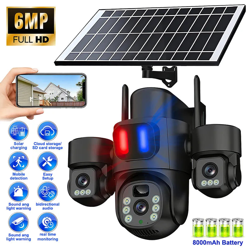 6MP Solar 3 Lens WiFi6 Security Camera PTZ 2 Way Audio Alarm Cam