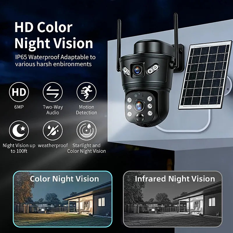 6MP Solar WiFi Security Camera Dual Lens PTZ IP66 Night Vision