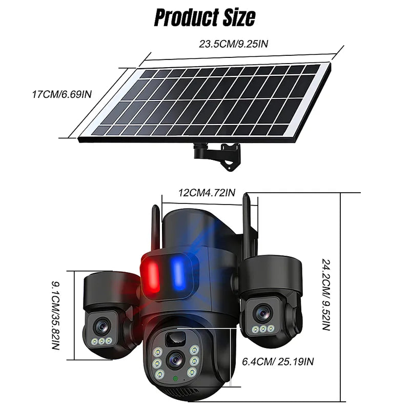 6MP Solar 3 Lens WiFi6 Security Camera PTZ 2 Way Audio Alarm Cam