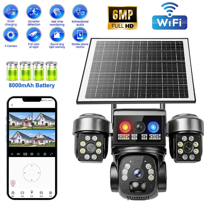 QD5 6MP Triple Lens Solar WiFi Camera Outdoor IP66 Night Vision