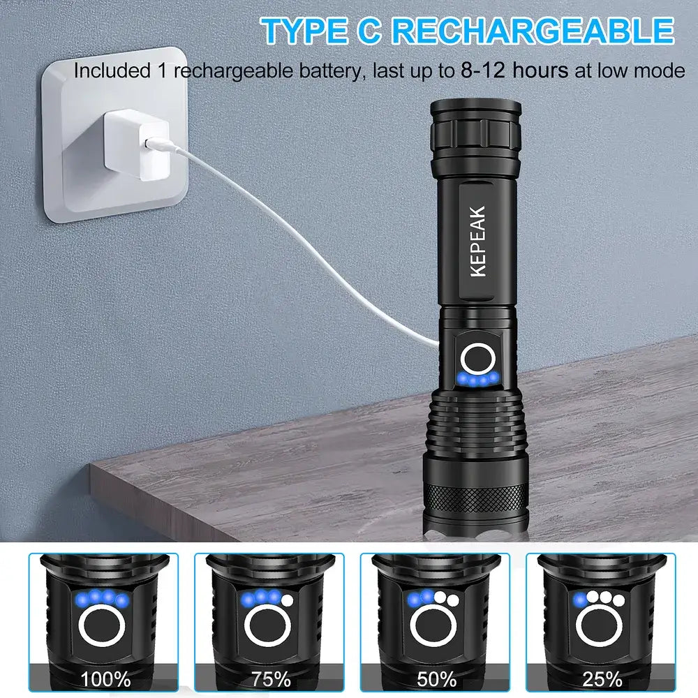 KEPEAK Rechargeable Flashlights High lumens, Super Bright LED Flashlight, Tactical Flashlights 2000 Lumens, Zoomable, 5 Modes, Waterproof, Handheld Flash Light for Camping, Hiking, Emergency