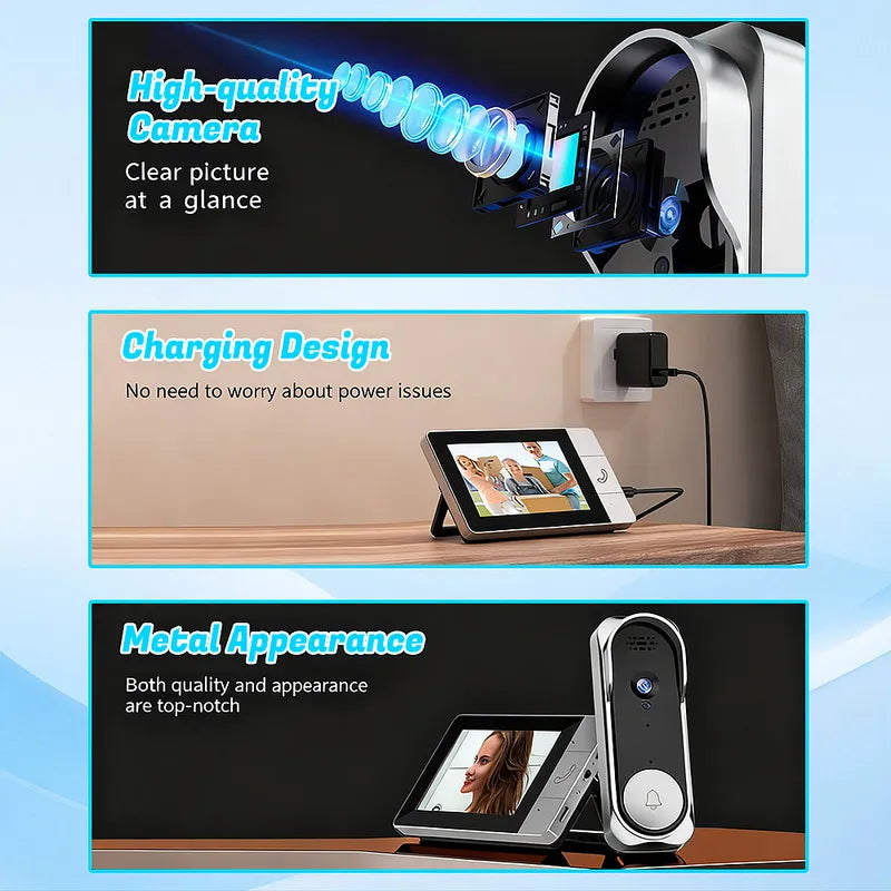 Wireless Doorbell Camera 4.3 Inch Monitor 2.4G Two Way Audio Night Vision