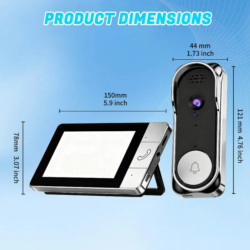 Wireless Doorbell Camera 4.3 Inch Monitor 2.4G Two Way Audio Night Vision