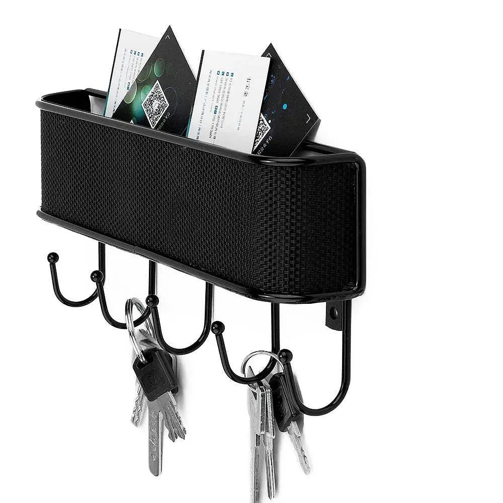 Mail Organizer Wall Mount Storage Sorter with 5 Hooks, Modern Metal Woven Rack for Home Entryway, Kitchen - Hanging Letter, Bill, Mail, and Key Holder