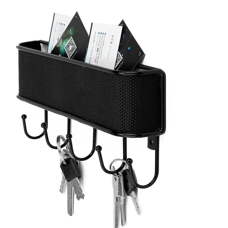 Mail Organizer Wall Mount Storage Sorter with 5 Hooks, Modern Metal Woven Rack for Home Entryway, Kitchen - Hanging Letter, Bill, Mail, and Key Holder