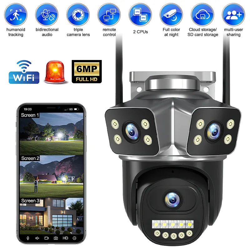 3 Lens 1080P WiFi PTZ Security Camera IP66 Color Night Vision