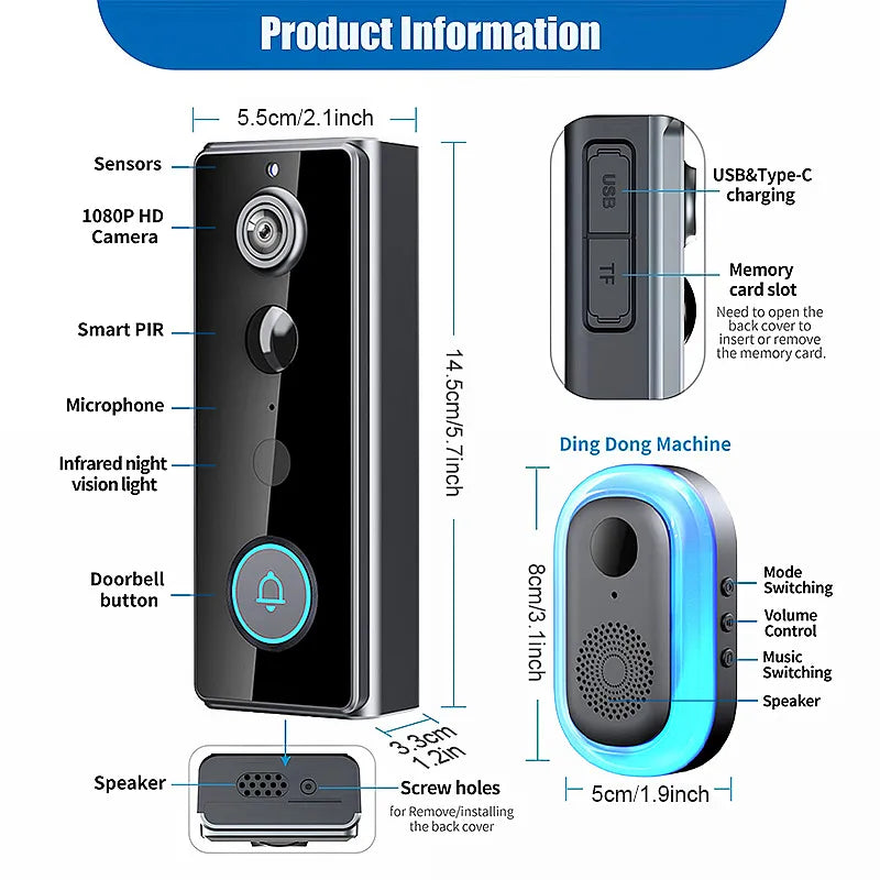 Wireless Doorbell Camera M18 PIR Motion Detect 720P Tuya WiFi Video Doorbell
