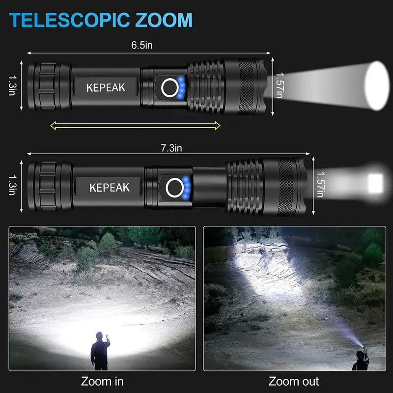 KEPEAK Rechargeable Flashlights High lumens, Super Bright LED Flashlight, Tactical Flashlights 2000 Lumens, Zoomable, 5 Modes, Waterproof, Handheld Flash Light for Camping, Hiking, Emergency
