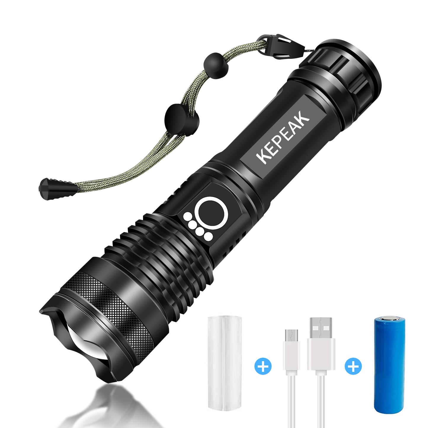 KEPEAK LED Flashlight USB Rechargeable, High Lumens Tactical Flashlights 5000, Zoomable, 5 Modes, Waterproof, with Cable for Camping, Hiking, Outdoor, Emergency