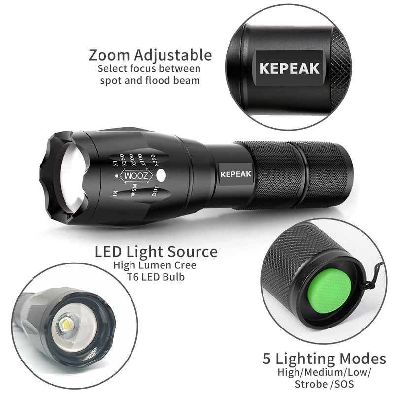 KEPEAK LED Flashlight, 5 Modes Tactical Flashlight, IPX5 Water Resistant, High Lumen, Zoomable Flashlight for Camping, Outdoor, Hiking, Emergency