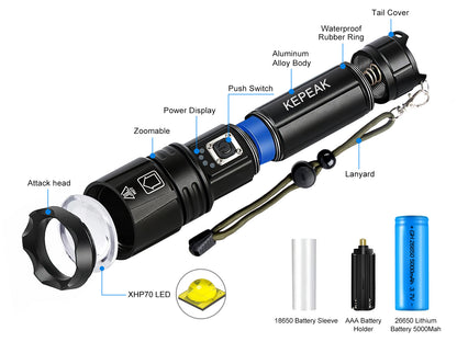 KEPEAK 9000 Lumen Rechargeable LED Tactical Flashlight, XHP70, Zoom and Waterproof, Suitable for Camping and Emergency.