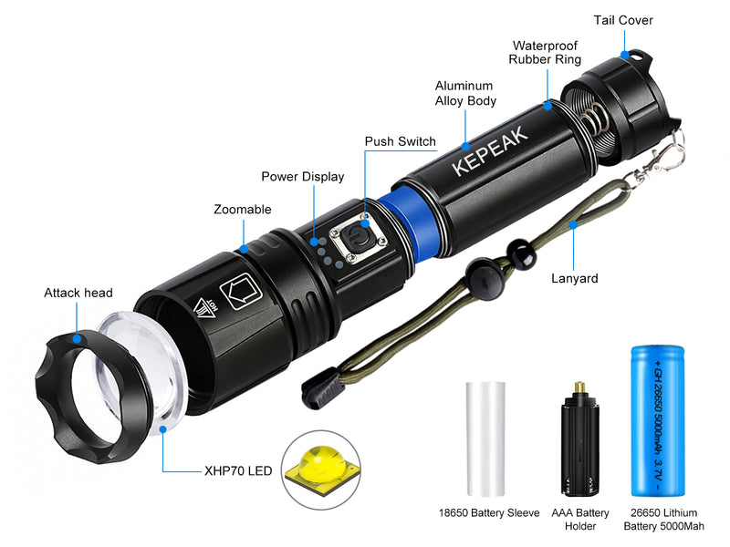 KEPEAK 9000 Lumen Rechargeable LED Tactical Flashlight, XHP70, Zoom and Waterproof, Suitable for Camping and Emergency.