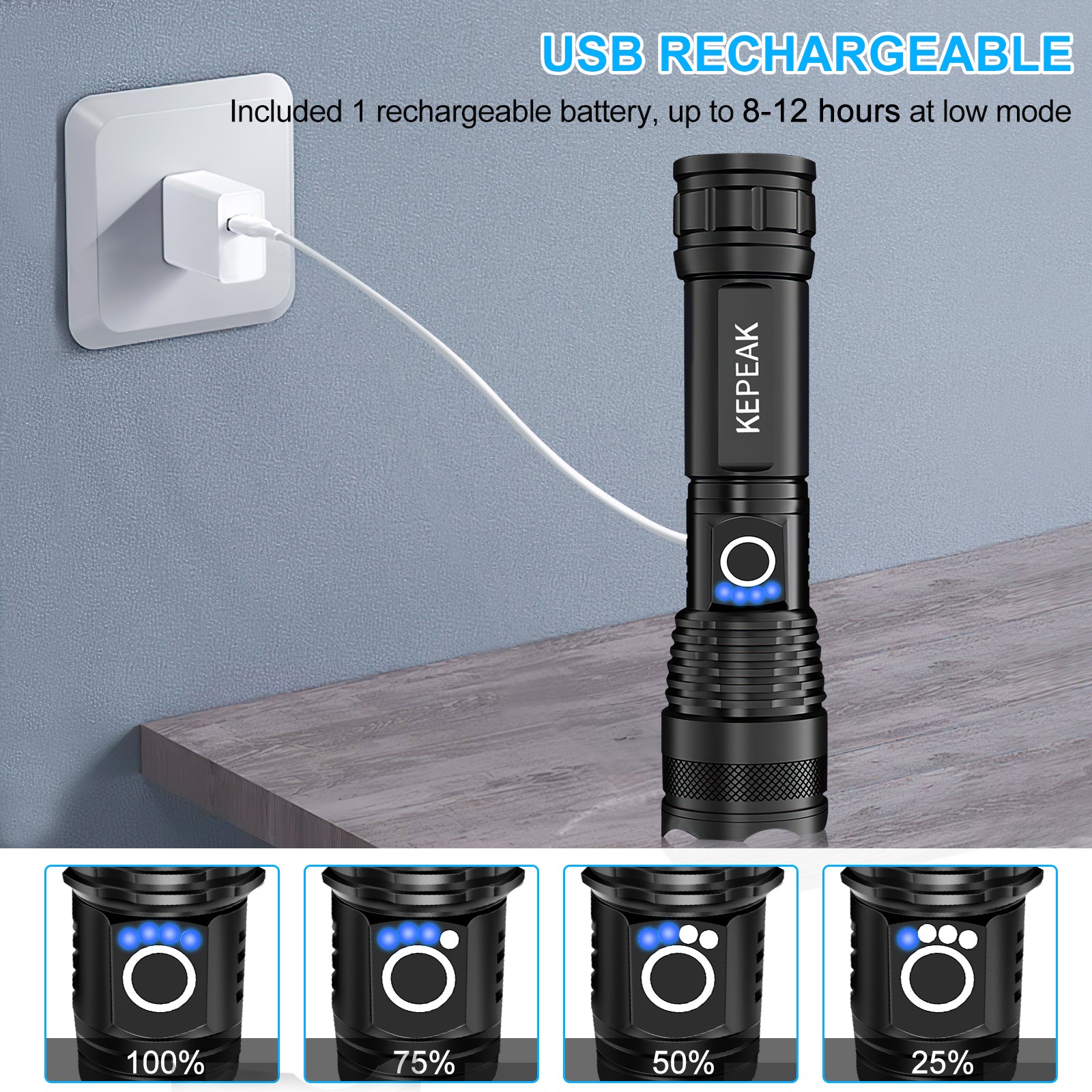 KEPEAK Rechargeable LED Flashlights, 5000 High Lumen Tactical Flashlight XHP50, Zoomable, Waterproof, 5 Light Modes Handheld Flashlight for Camping, Hiking, Emergency