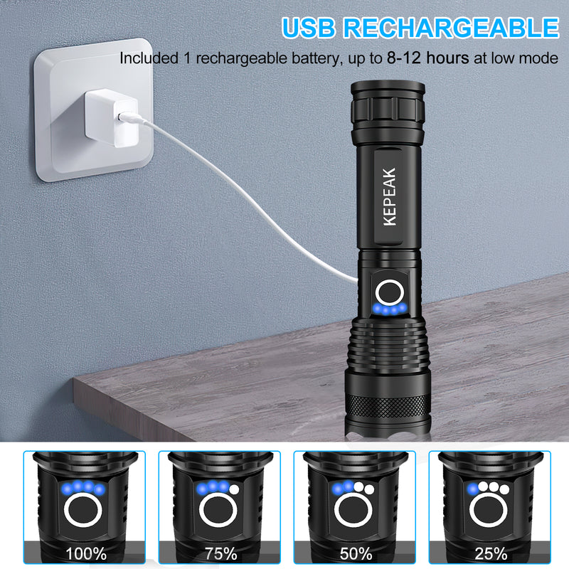 KEPEAK Rechargeable LED Flashlights, 5000 High Lumen Tactical Flashlight XHP50, Zoomable, Waterproof, 5 Light Modes Handheld Flashlight for Camping, Hiking, Emergency