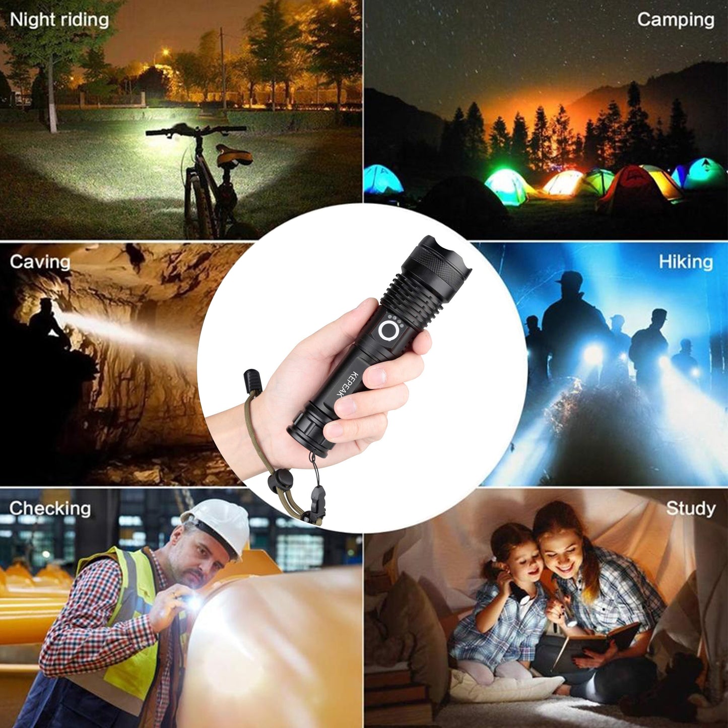 KEPEAK LED Flashlight USB Rechargeable, High Lumens Tactical Flashlights 5000, Zoomable, 5 Modes, Waterproof, with Cable for Camping, Hiking, Outdoor, Emergency