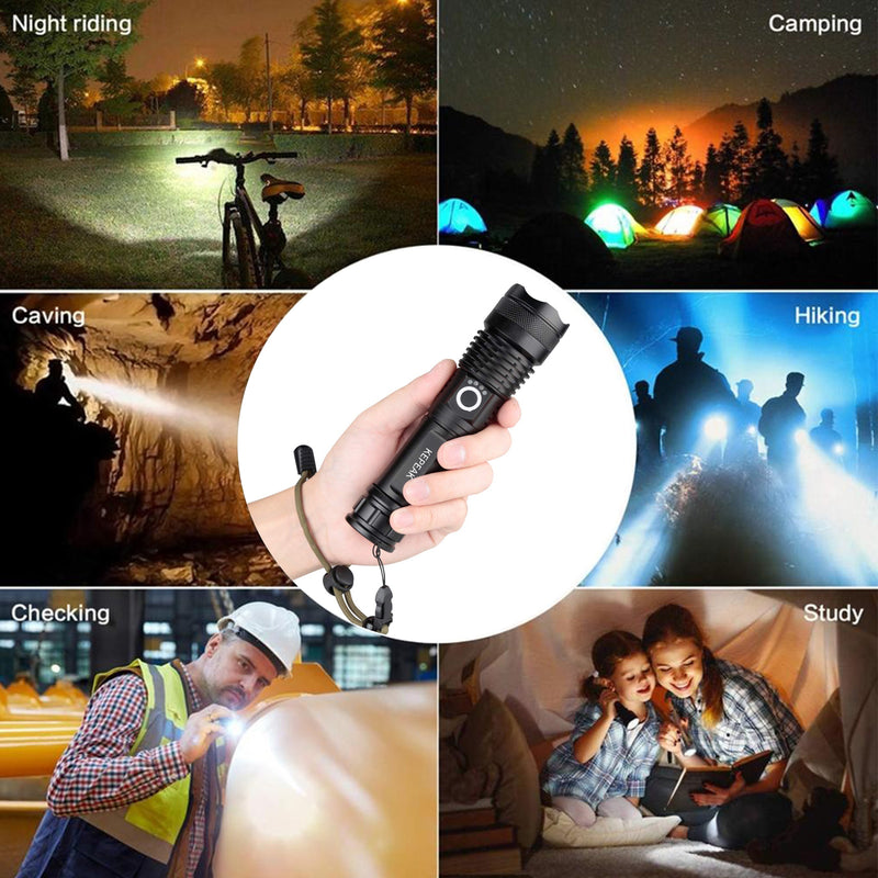 KEPEAK LED Flashlight USB Rechargeable, High Lumens Tactical Flashlights 5000, Zoomable, 5 Modes, Waterproof, with Cable for Camping, Hiking, Outdoor, Emergency